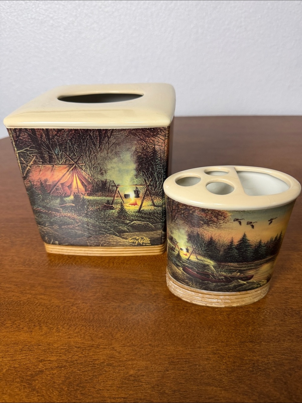 Vintage Terry Redlin Ceramic Tissue Box Cover and Toothbrush Holder Cabin Rustic